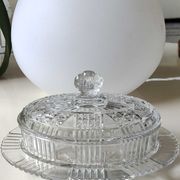 Old Art Deco butter dish, molded glass, Portieux style Star motifs, braces, diamonds