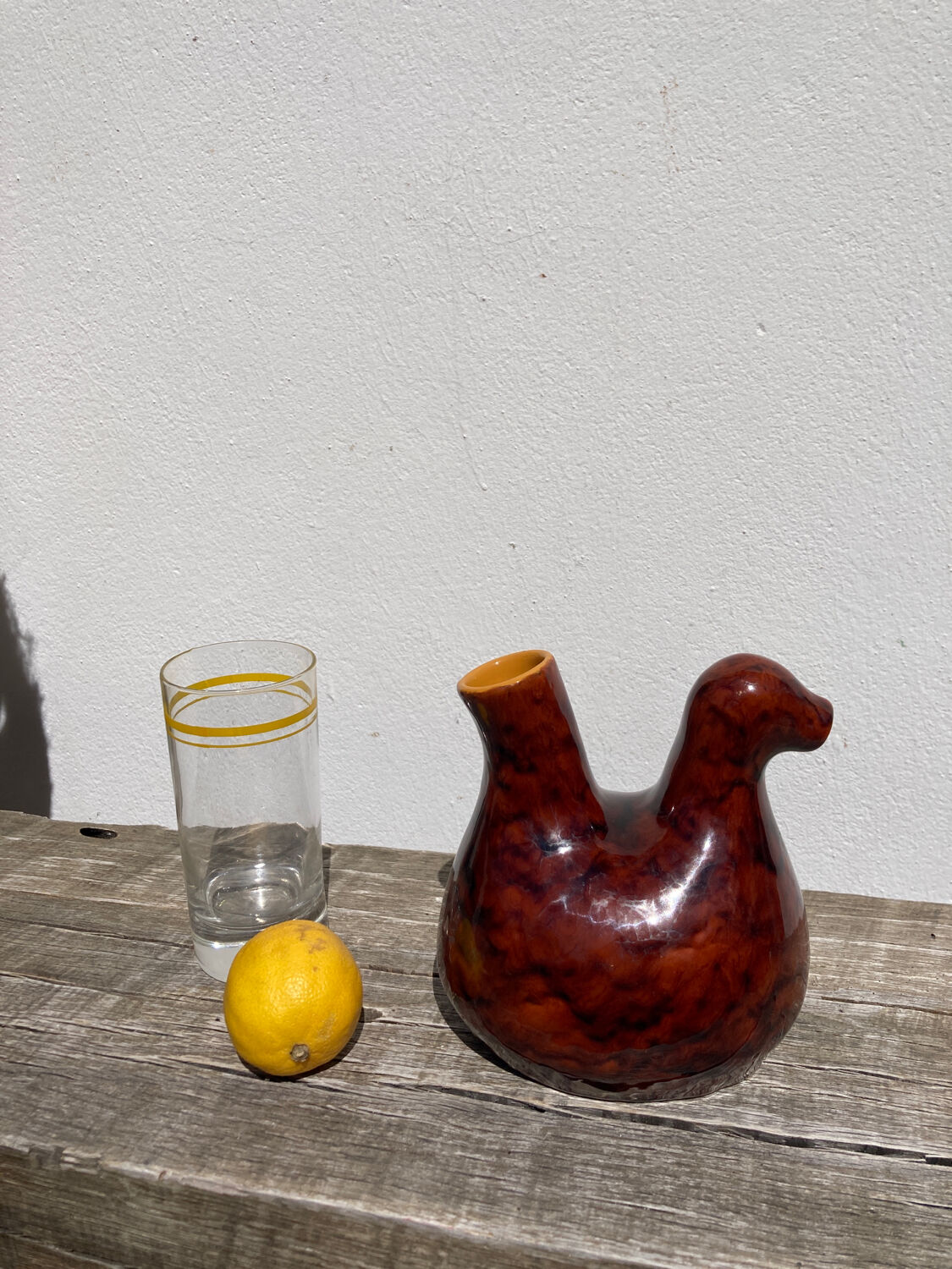 Zoomorphic pitcher bird / hen 1970 glazed ceramic brown and yellow