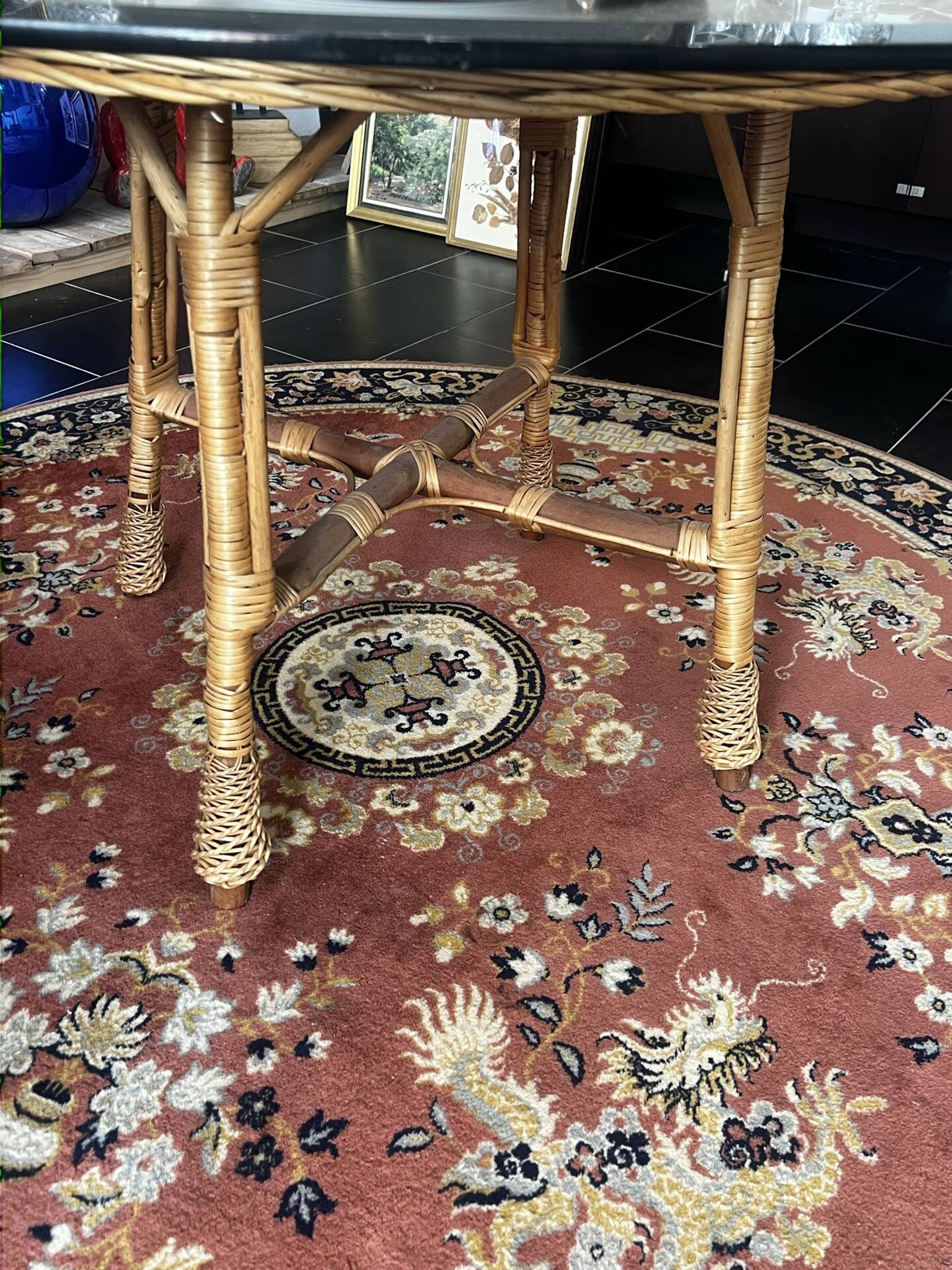 Dining table in rattan, wicker and glass 1960