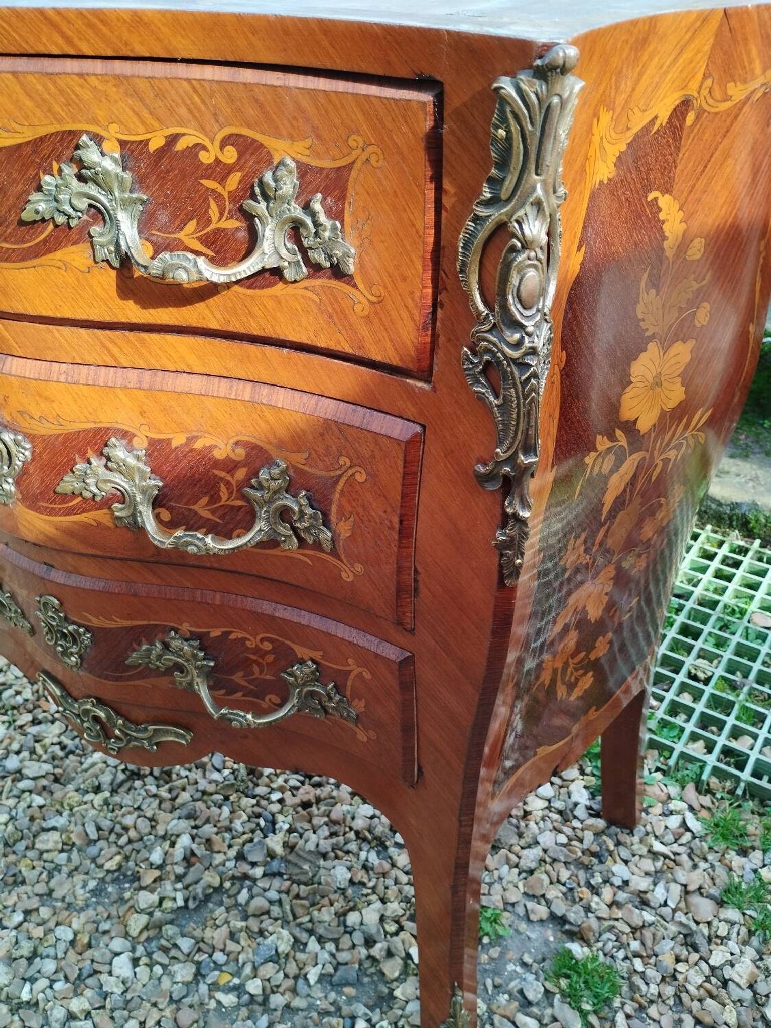 Louis xv style marble top marquetry chest of drawers