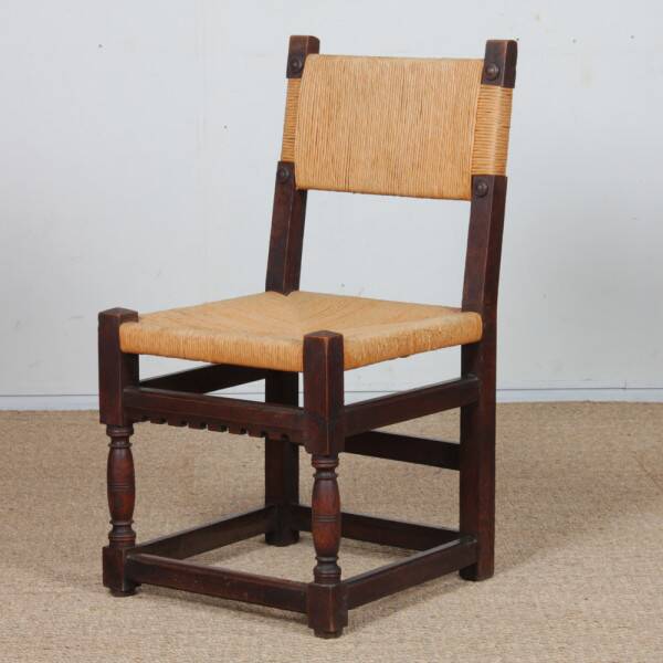 Set of 4 rush-seated chairs in solid oak, 1950.