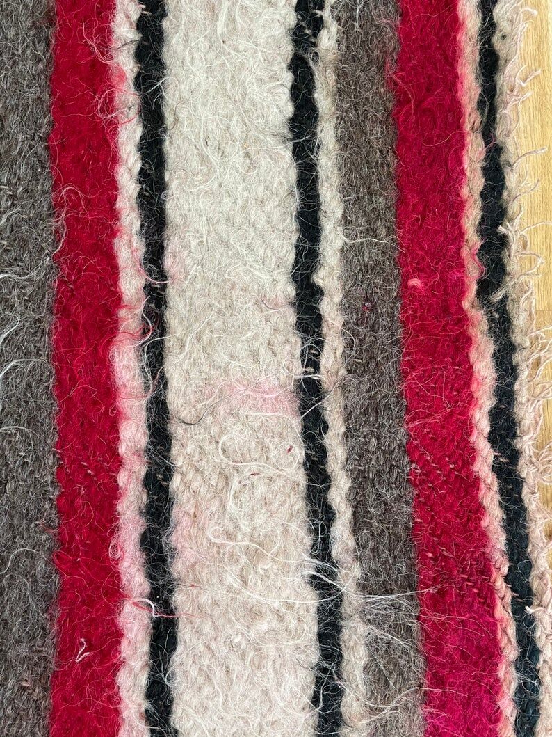 Set of two Romanian wool fluffy rugs with stripes made by hand