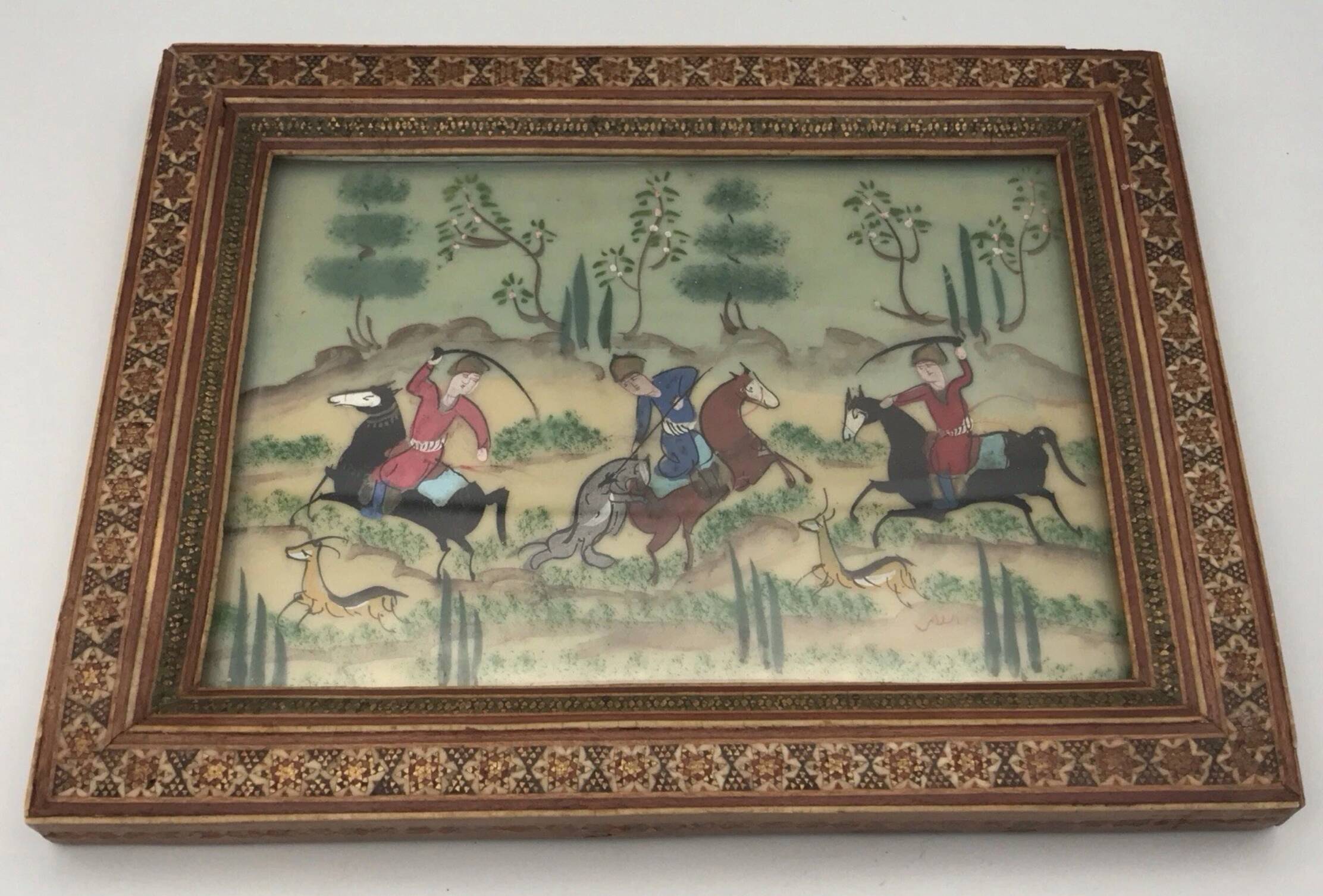 Ancient Indo-Persian painting with wooden mosaic frame