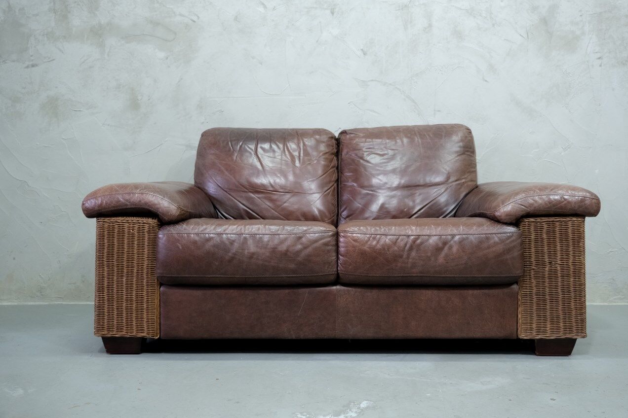 Italian Rattan and Leather Sofa, 1970s