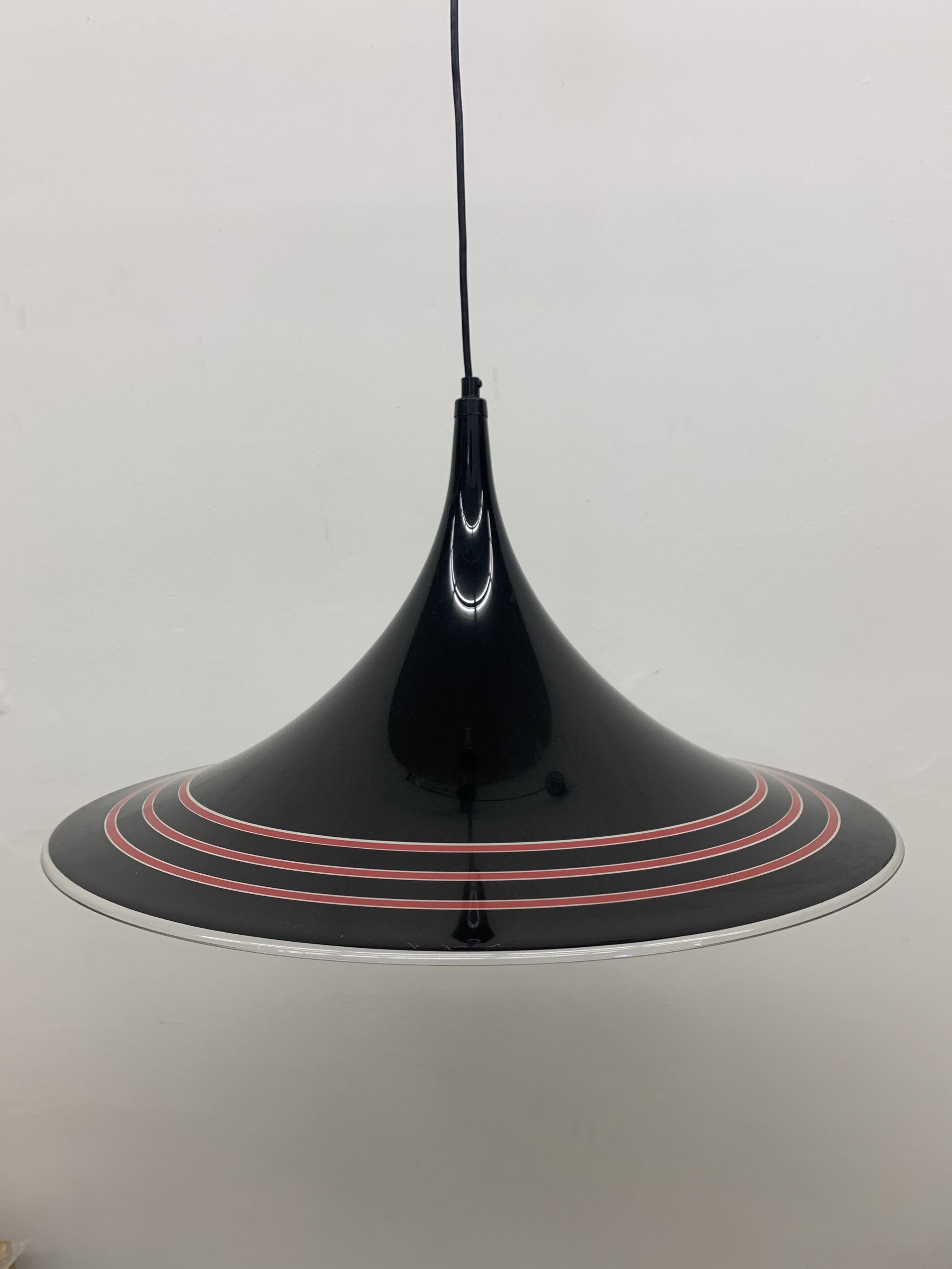 Vintage plastic meblo guzzini black trumpet hanging lamp , 1980’s