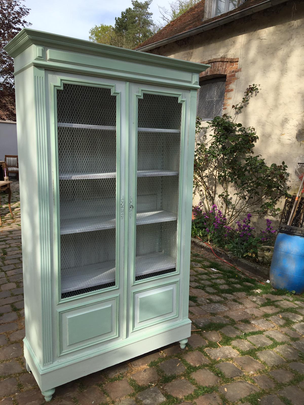 Screened and painted library Louis XVI style green celadon