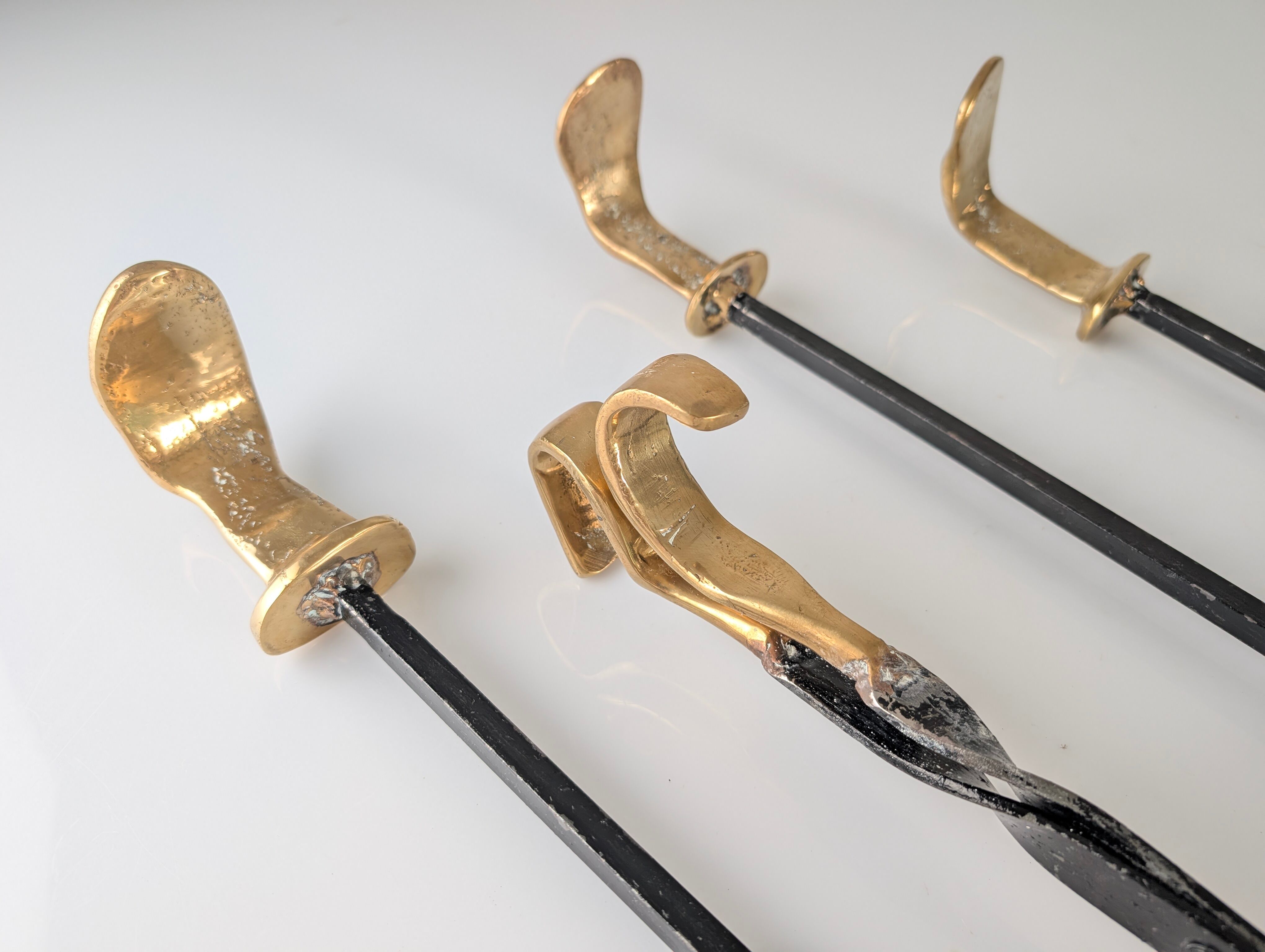 Brutalist iron and brass fireplace set by David Marshall, 1970s