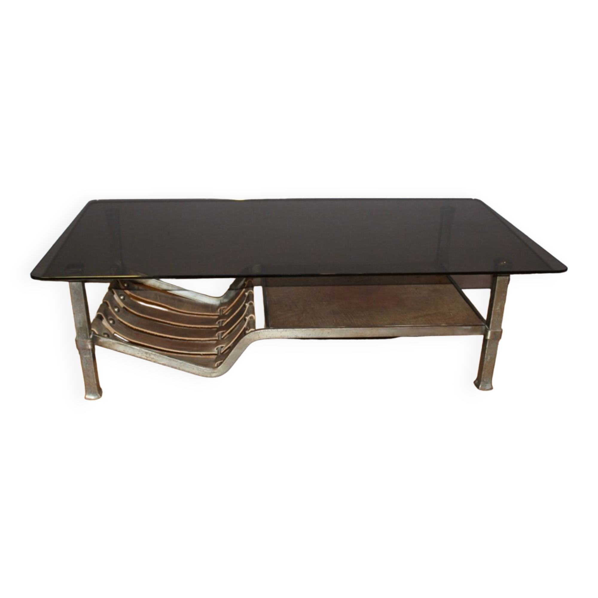 Table basse en fer forgé et cuir vers 1970