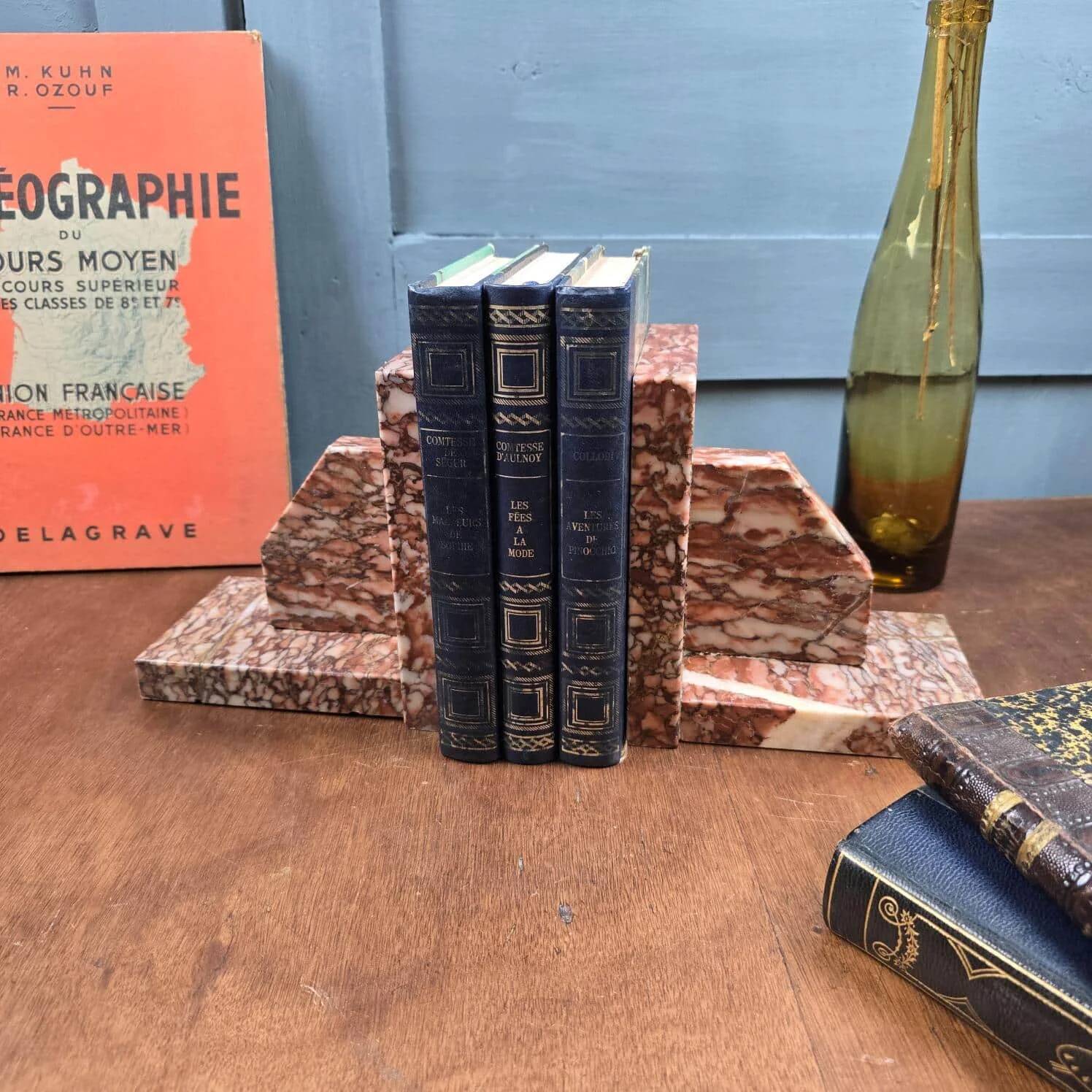 Antique pink marble bookends – Vintage Art Deco pair