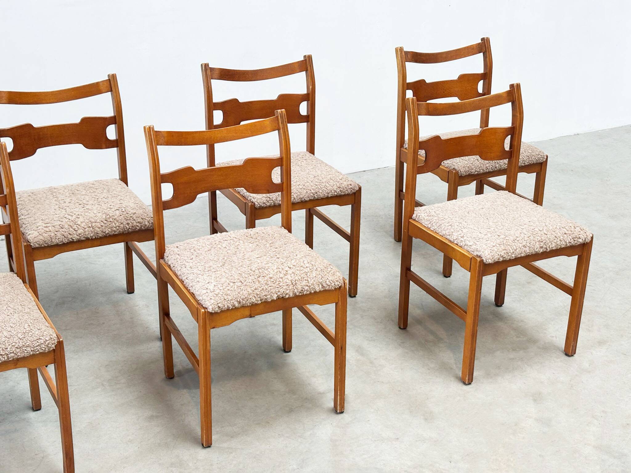 Set of six sculptural beech wood Italian dining chairs