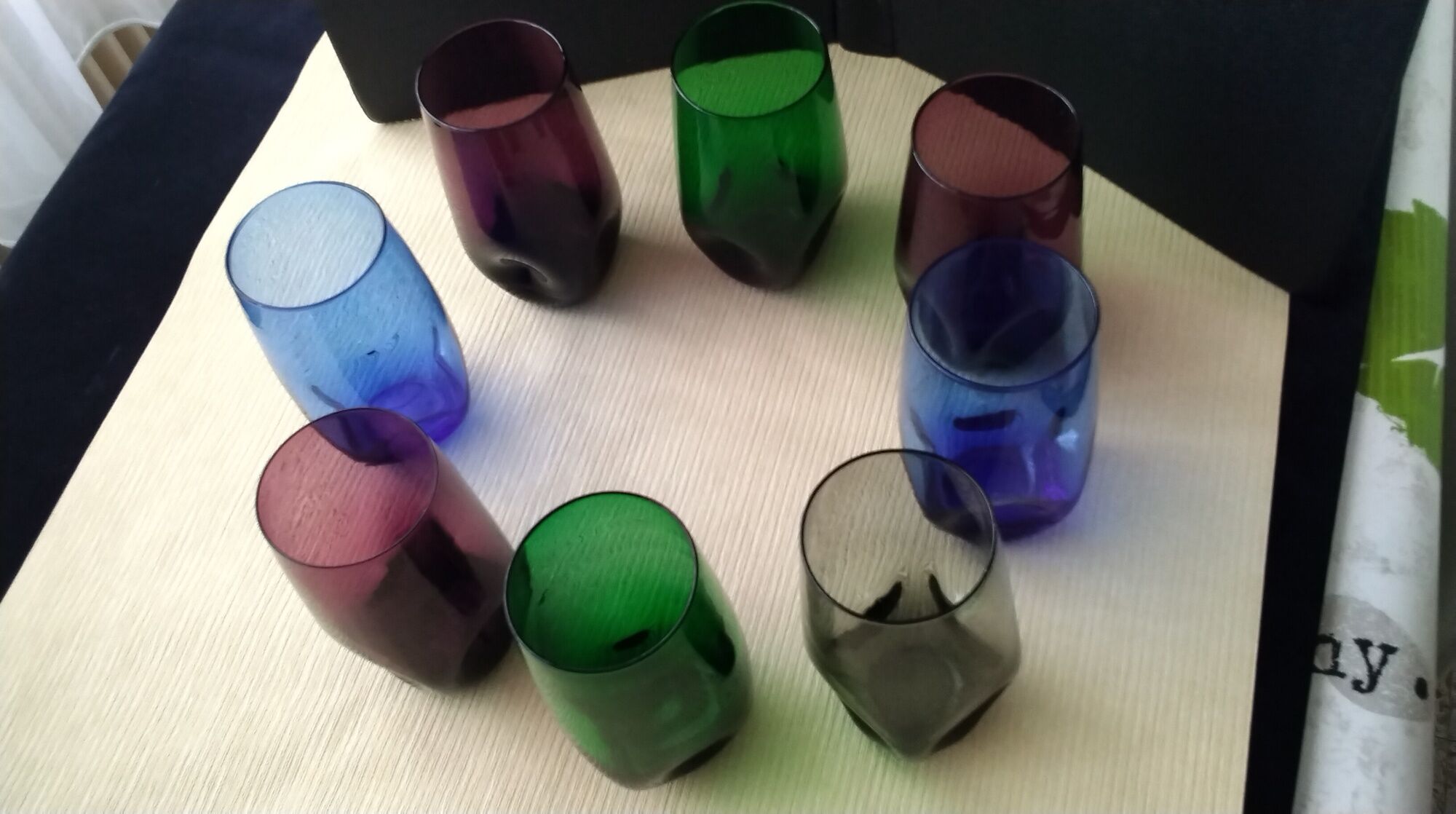 Set of 8 glasses cups high shape blown glass in different colors vintage