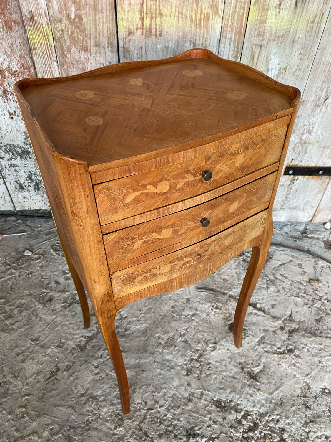 Antique Nightstand Louis XV Style Inlay Wood 3 Drawers Wine