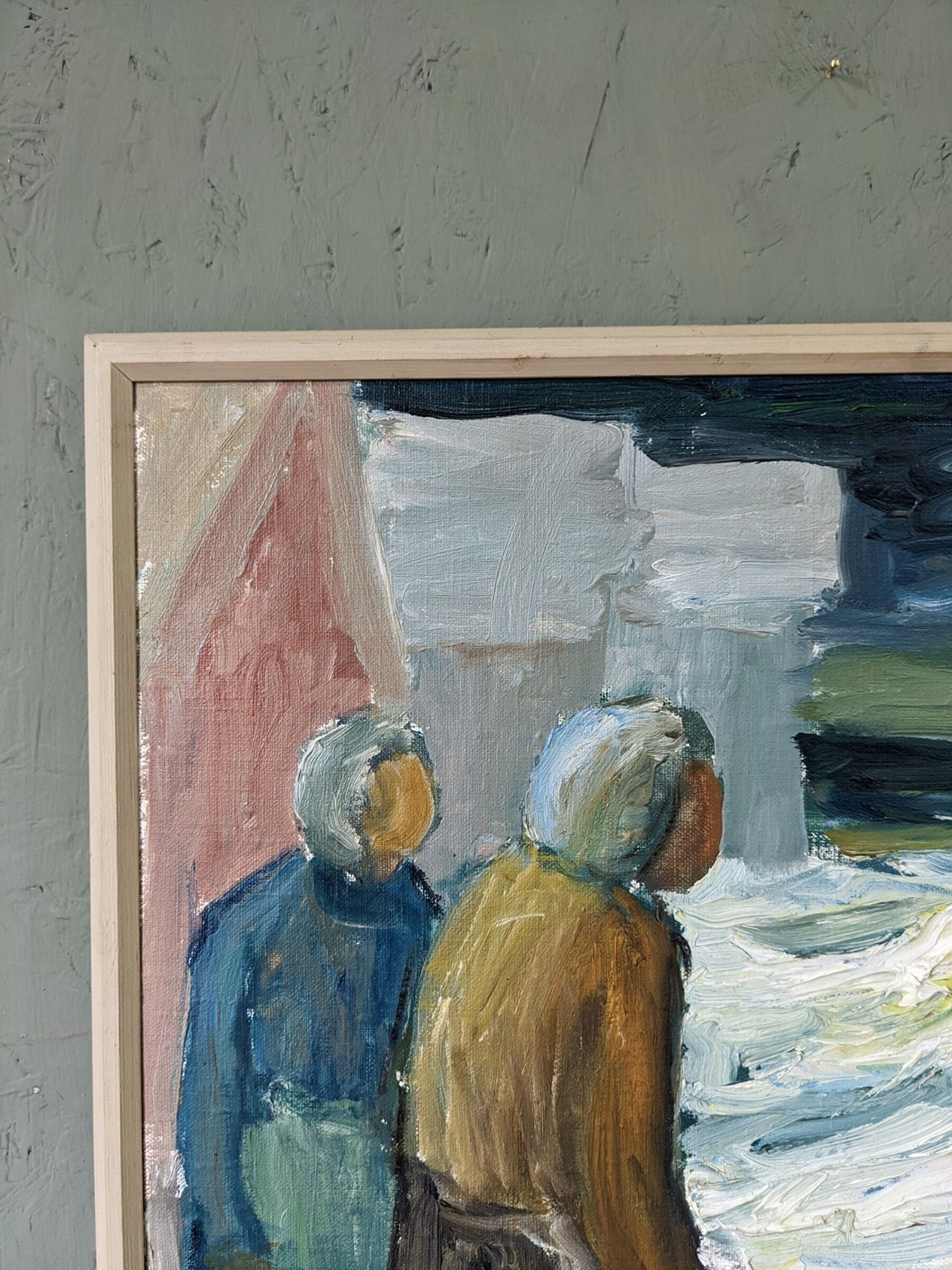 Mid-Century Modern Swedish "Watching the Storm" Vintage Expressive Seascape Oil Painting, Framed