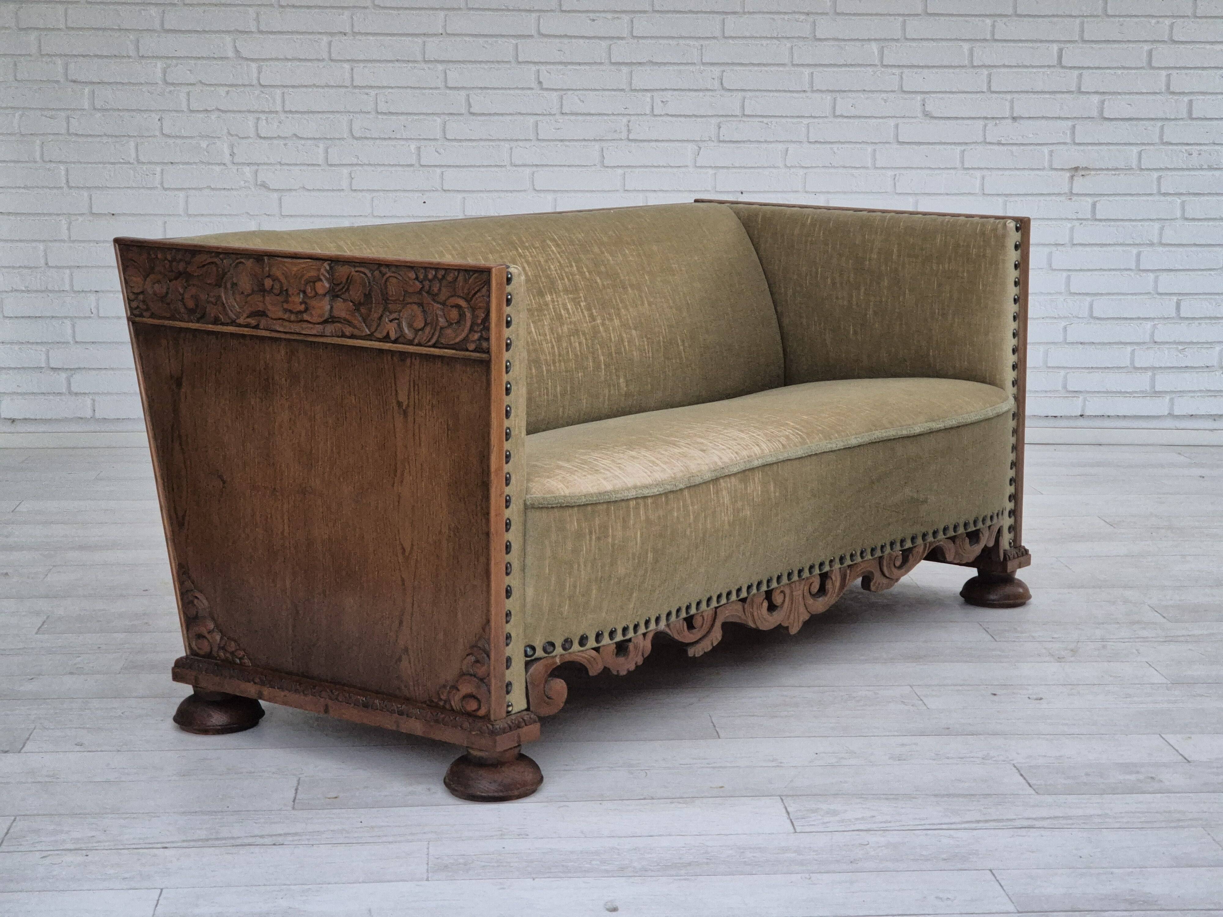 1950s, Danish curved sofa, furniture velour, oak wood.