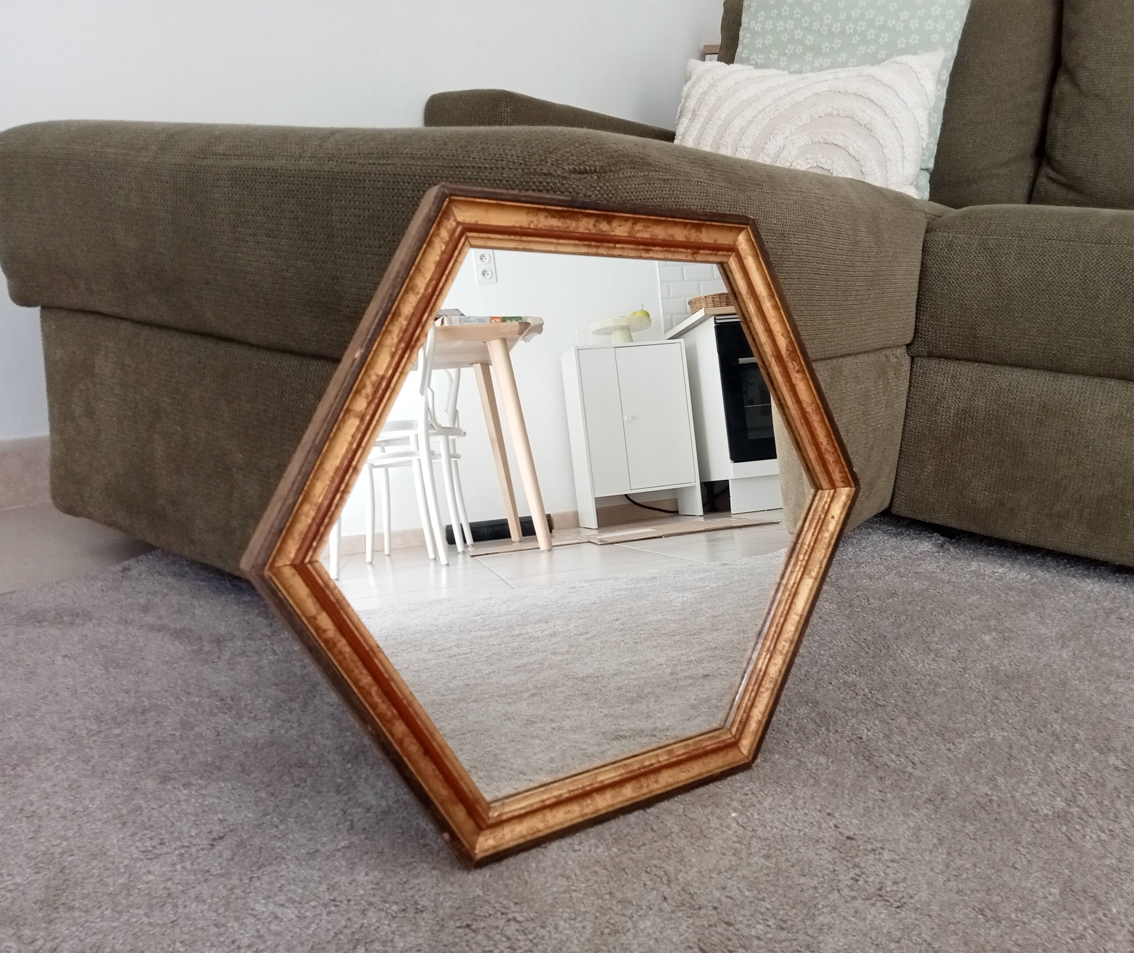 Miroir vintage hexagonale bohème chic en bois doré