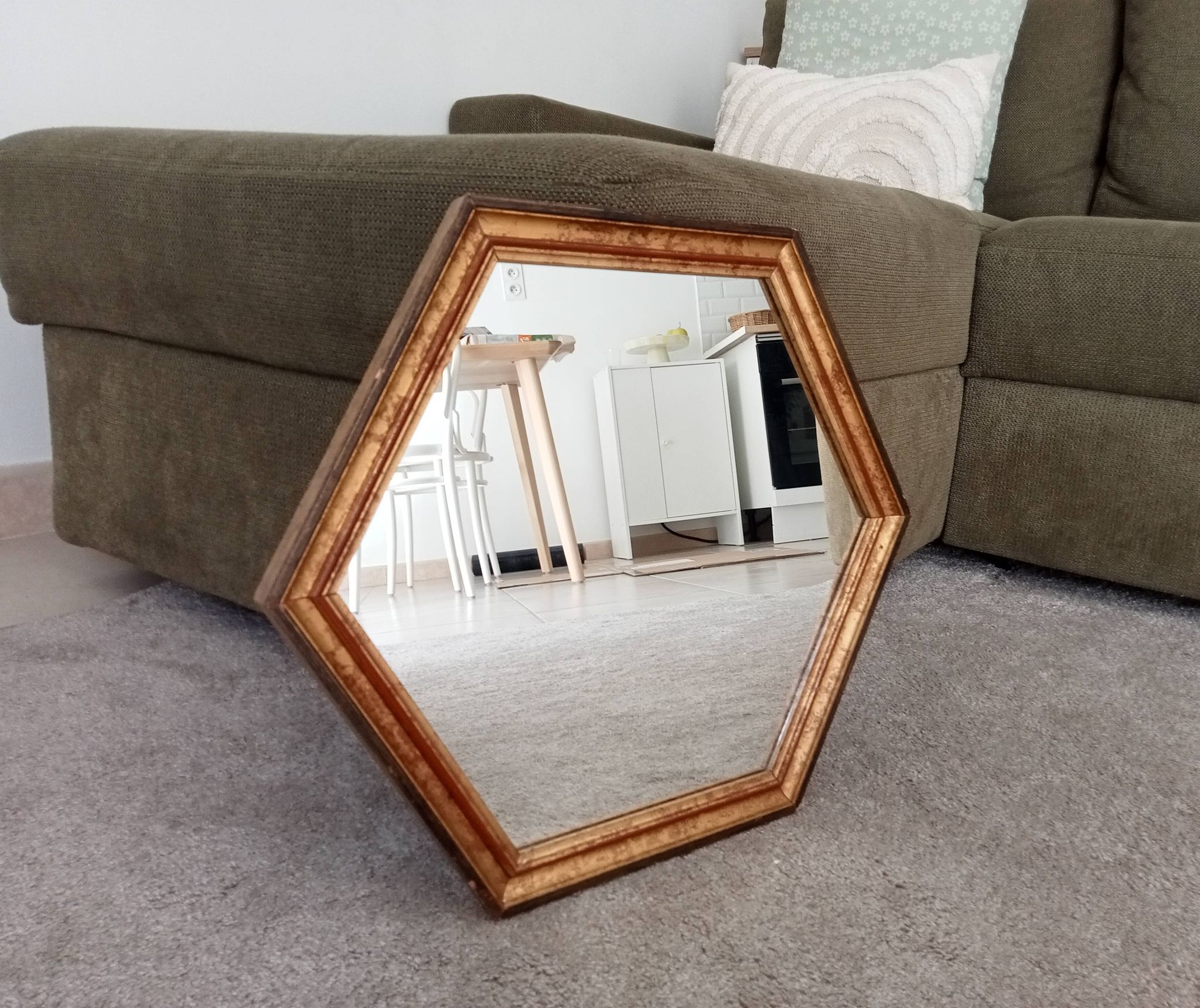Vintage hexagonal bohemian chic mirror in gilded wood