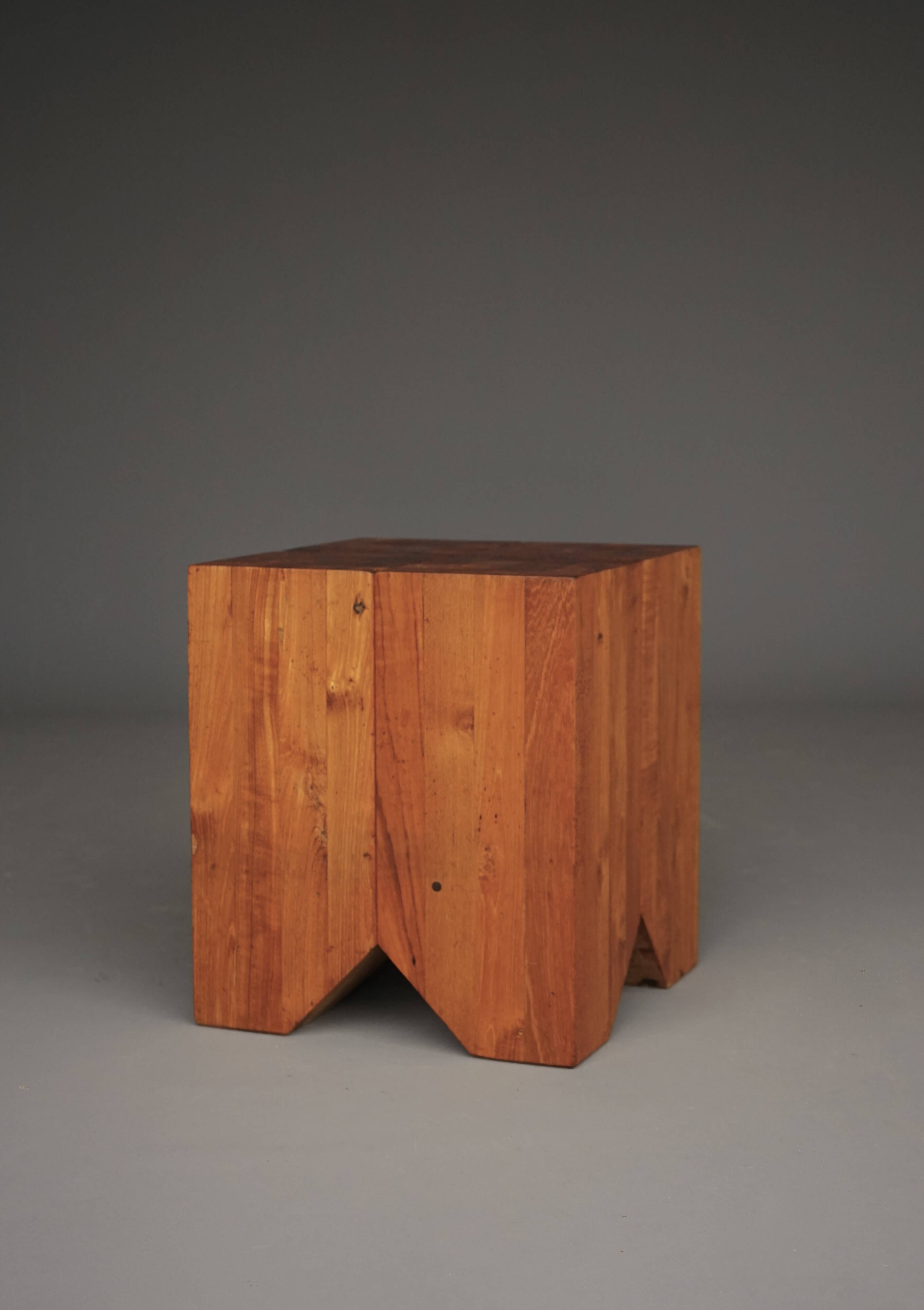 Brutalist solid Teak wood Stool or Side Table. 1990s