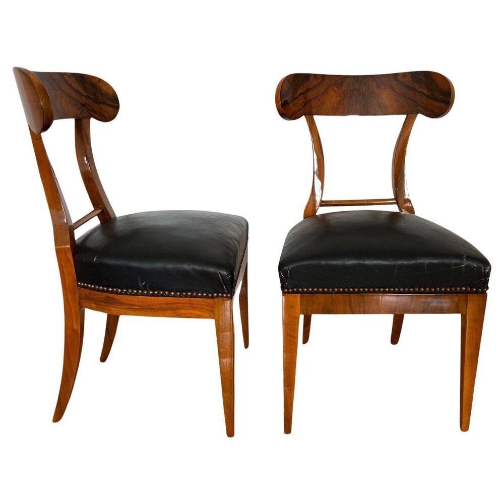 Set of Biedermeier Shovel Chairs in Walnut & Black Leather, Austria, 1820s