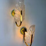 Pair of Murano frosted leaf sconces, textured glass & gilt brass, Italy, 1970
