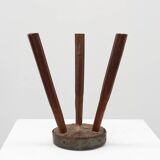 Brutalist French solid oak tripod stool with metal rim, 1850s