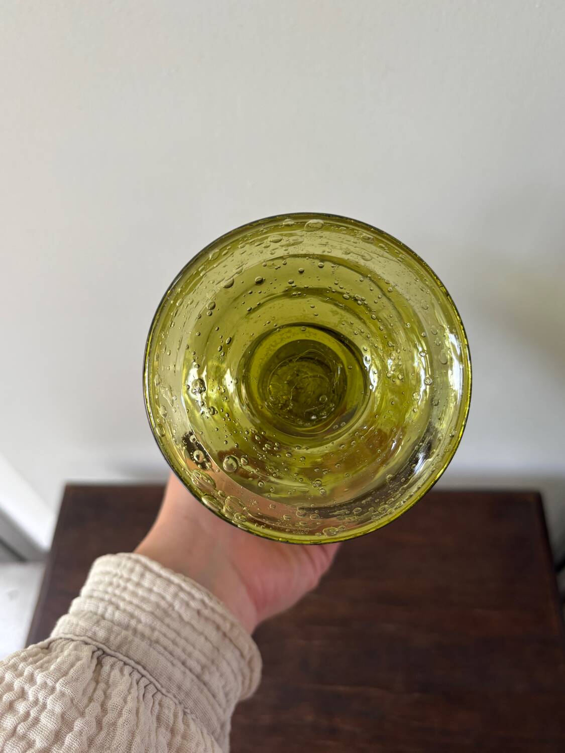 candle holder in biot green bubble glass from the 60s