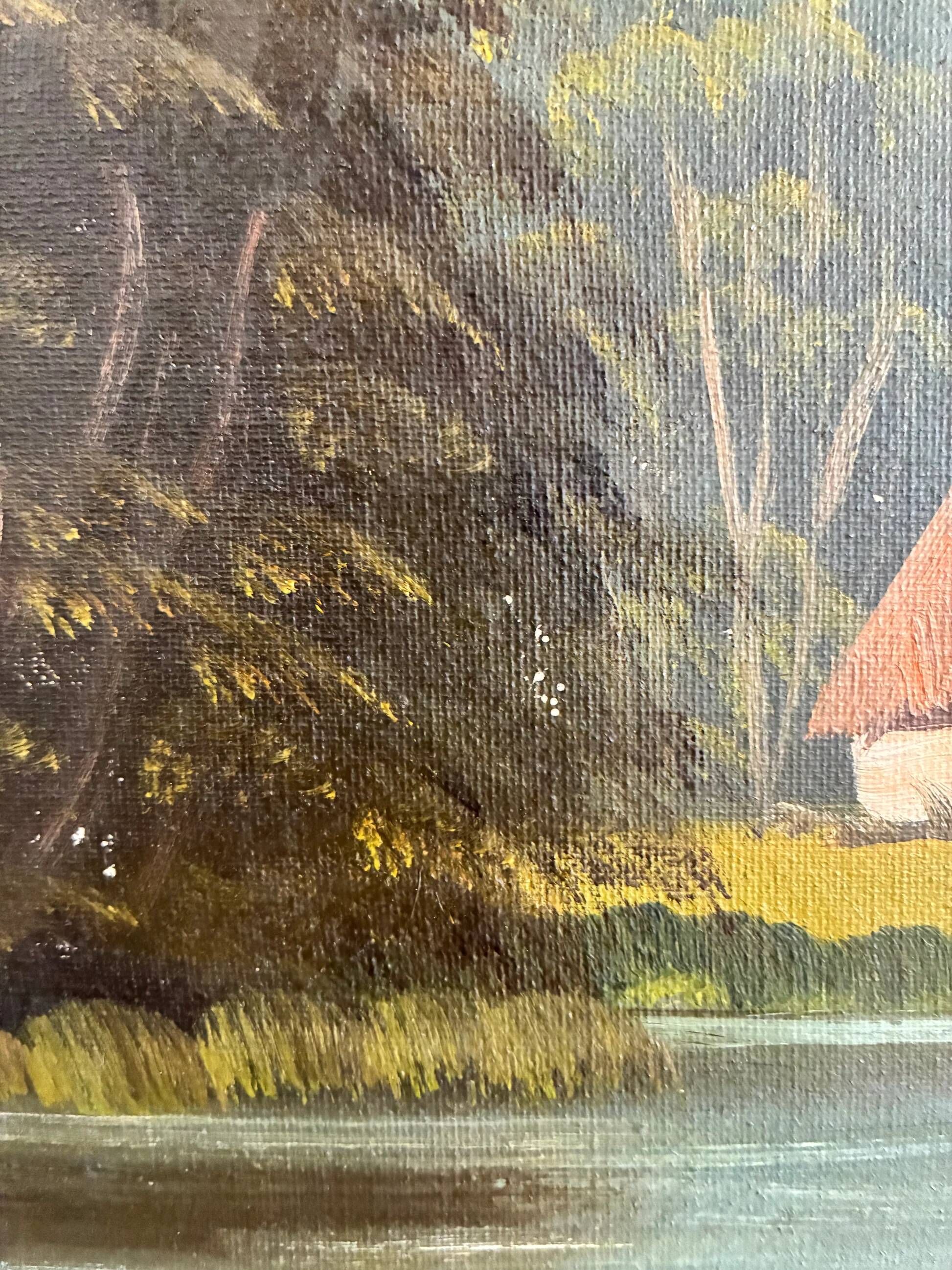 Vintage signed cottage lake landscape oil painting