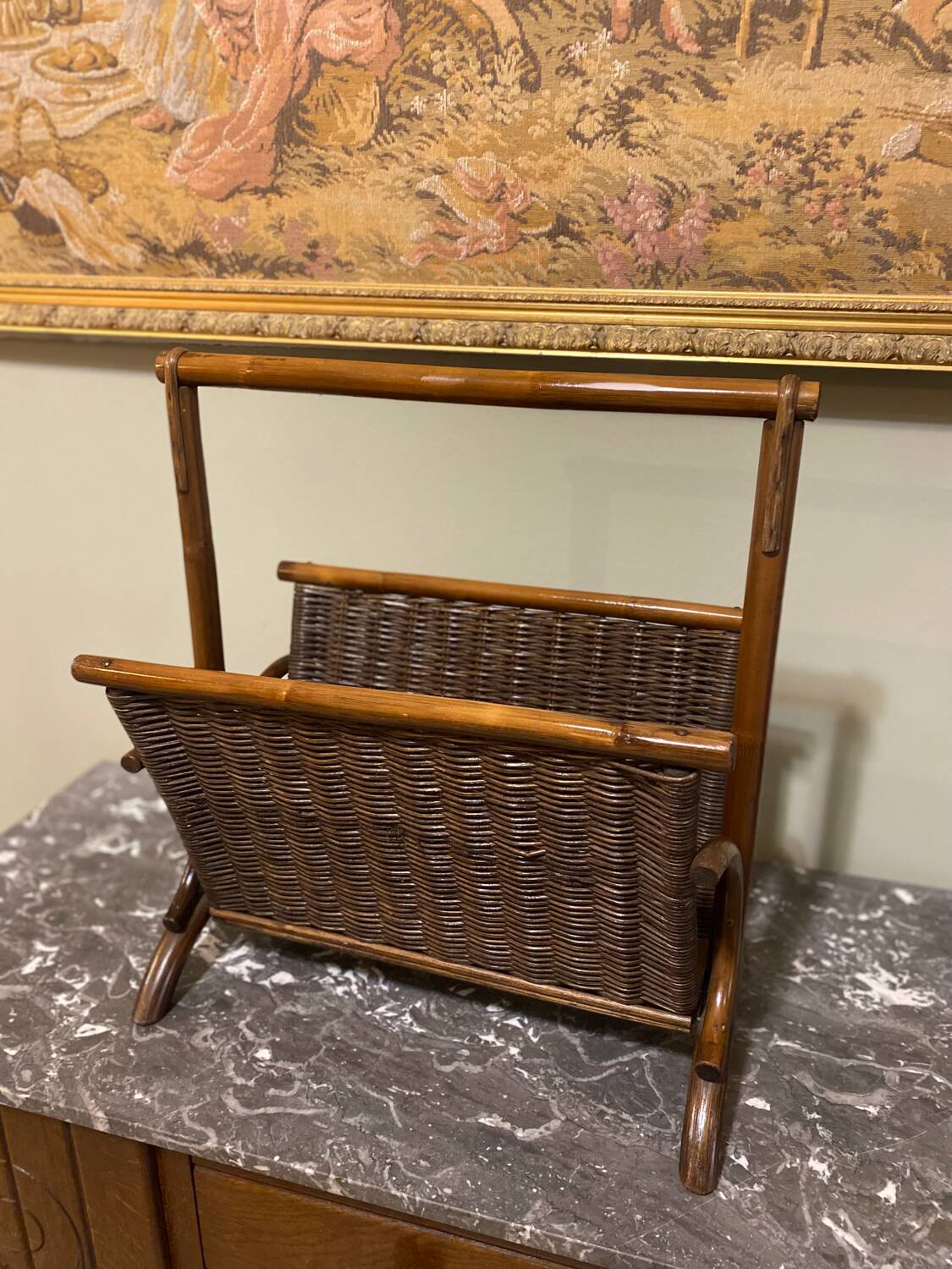 Wicker and brown wood magazine rack