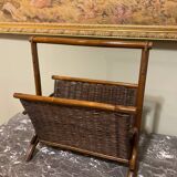 Wicker and brown wood magazine rack