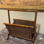 Wicker and brown wood magazine rack