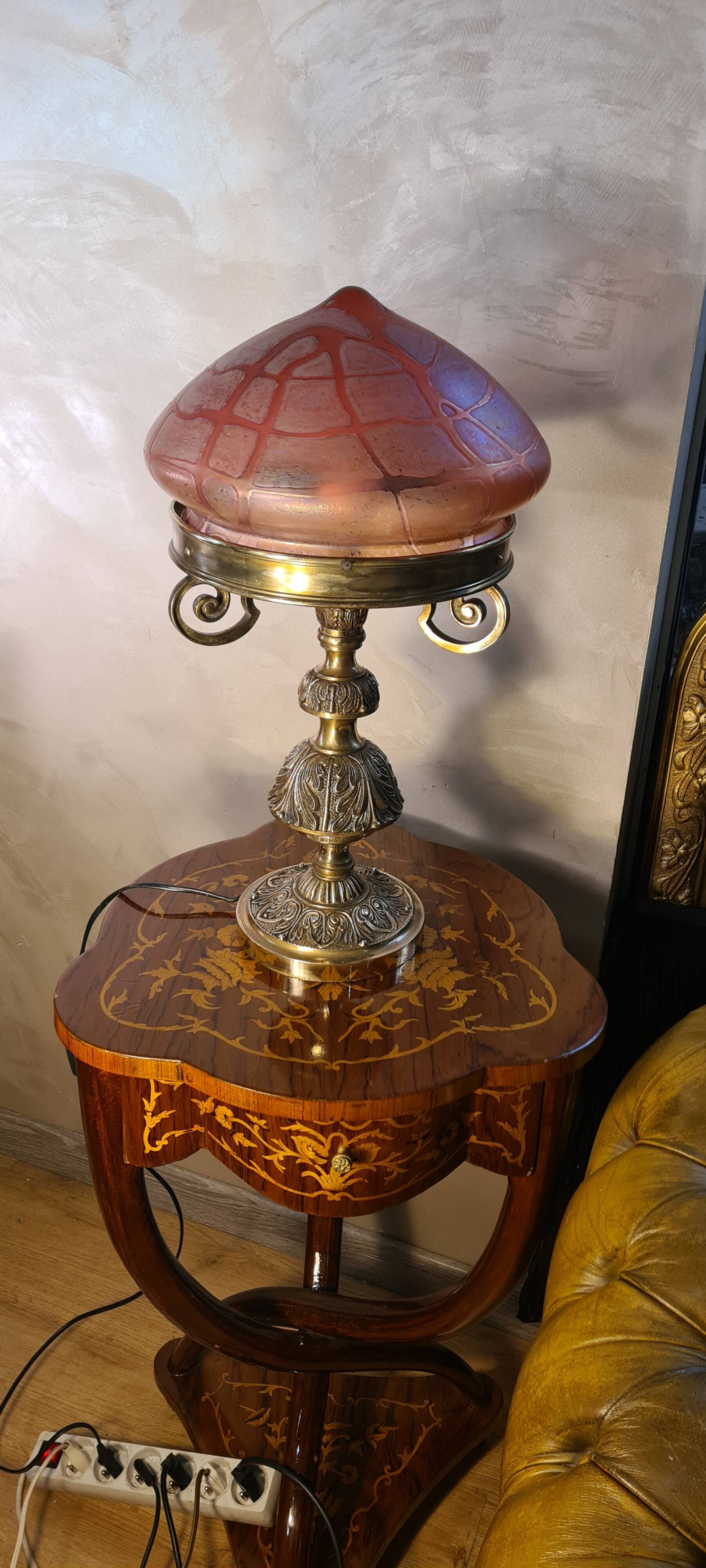 Austrian Art Nouveau bronze lamp with Loetz style art glass shade L54x32