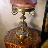 Austrian Art Nouveau bronze lamp with Loetz style art glass shade L54x32