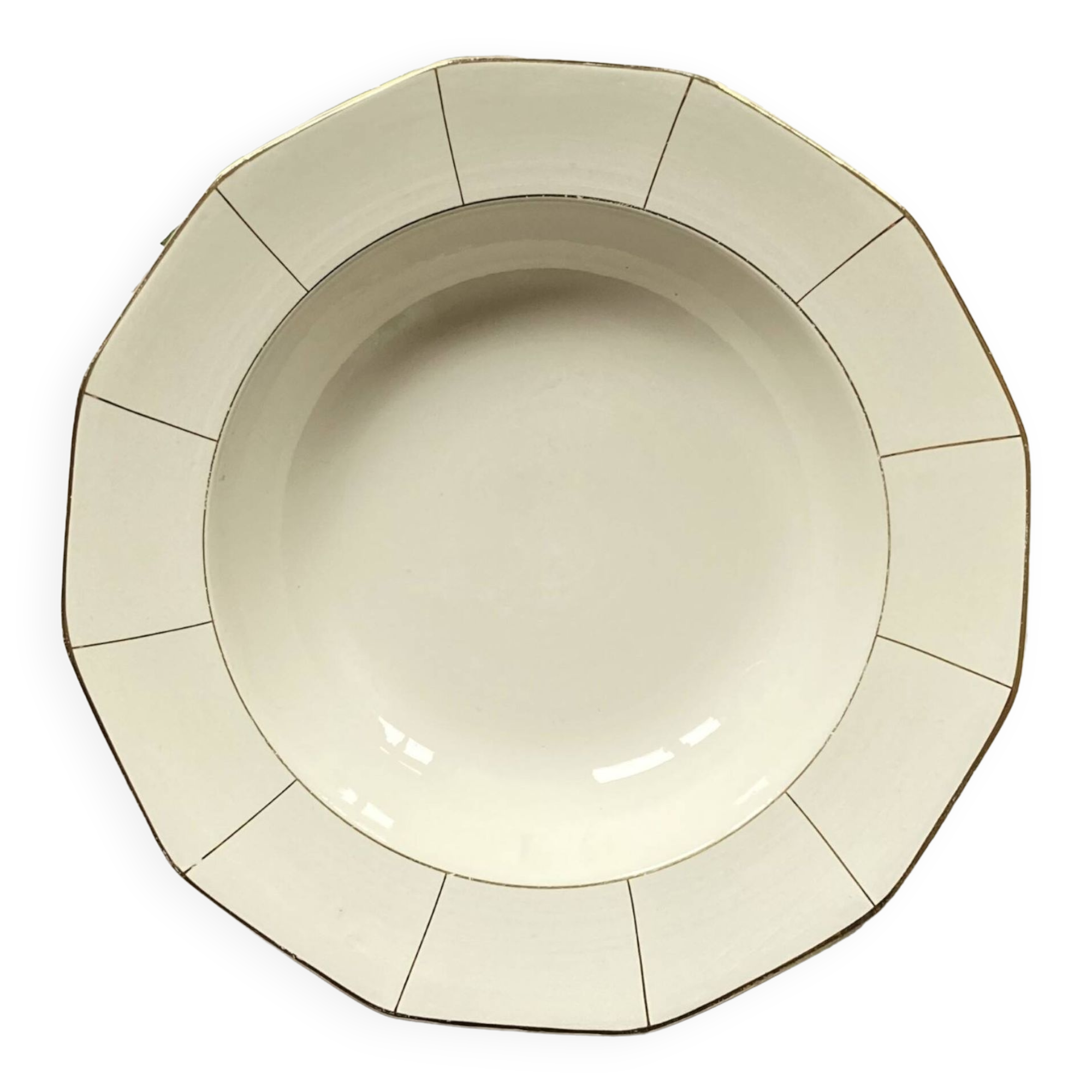 Hollow serving dish in old Badonviller earthenware, off-white and vintage gold, tableware
