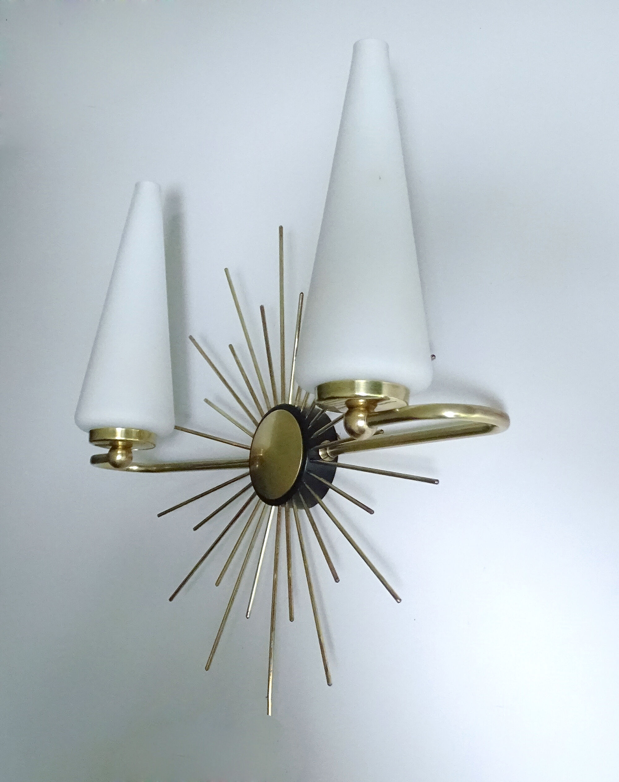 Pair of vintage sconces, sun, glass and brass, 60s