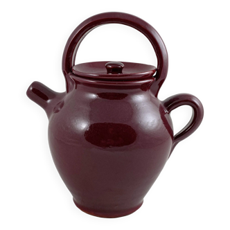 Enamelled/glazed terracotta teapot, burgundy color. French artisanal manufacturing.