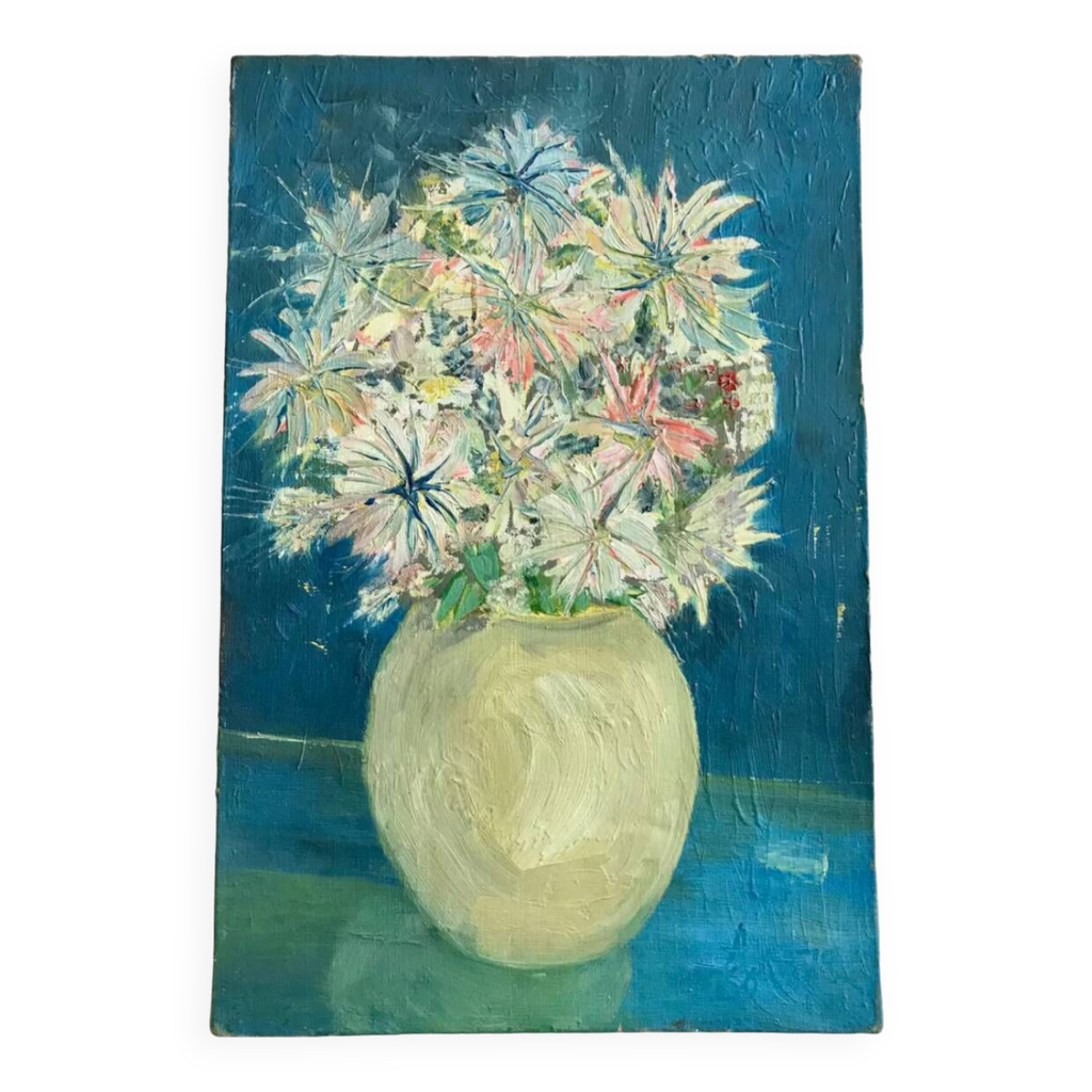 Tableau / huile sur toile nature morte bouquet coloré années 50 | Selency