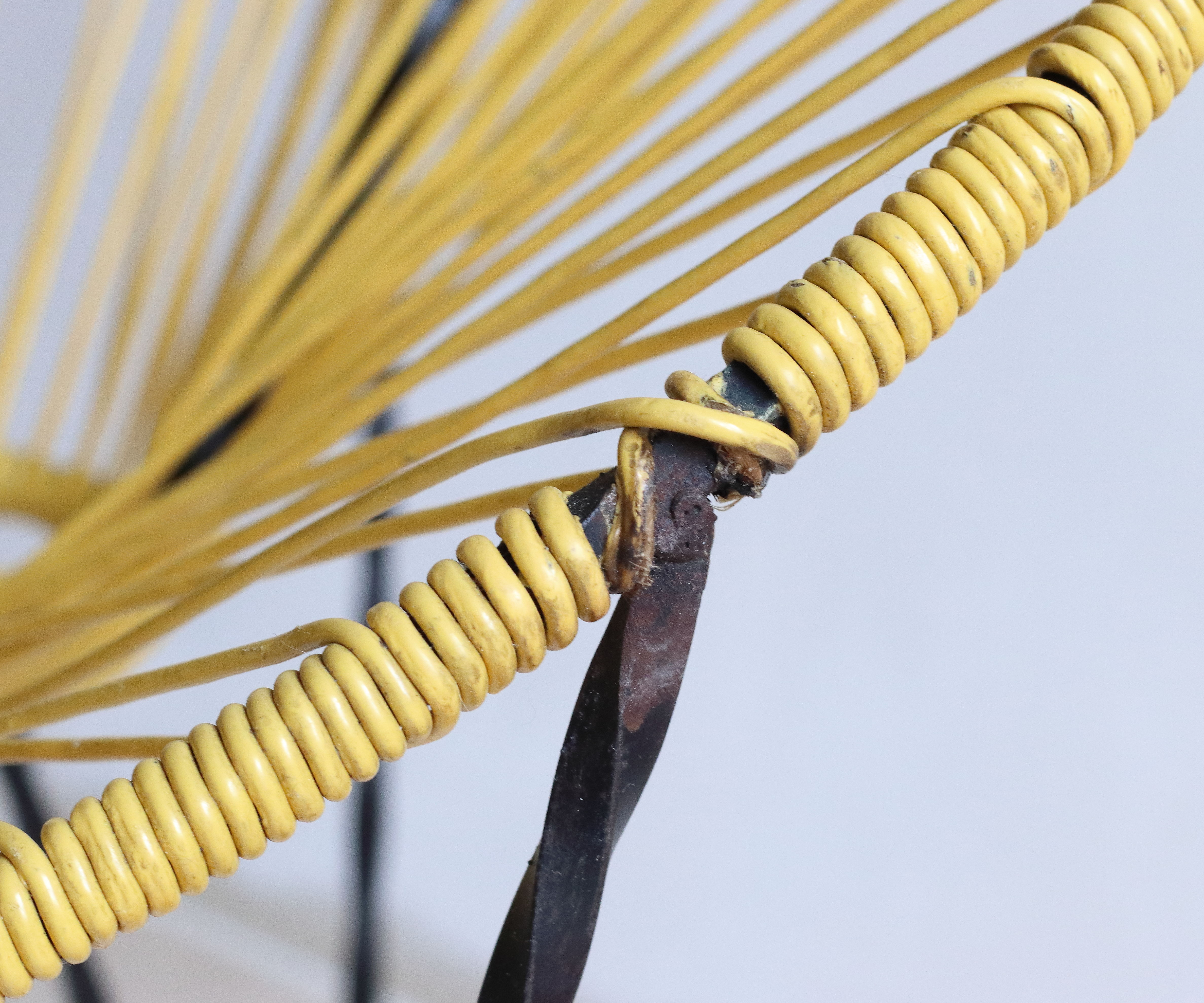 Pair of 60s tripod armchairs in metal and yellow scoubidou