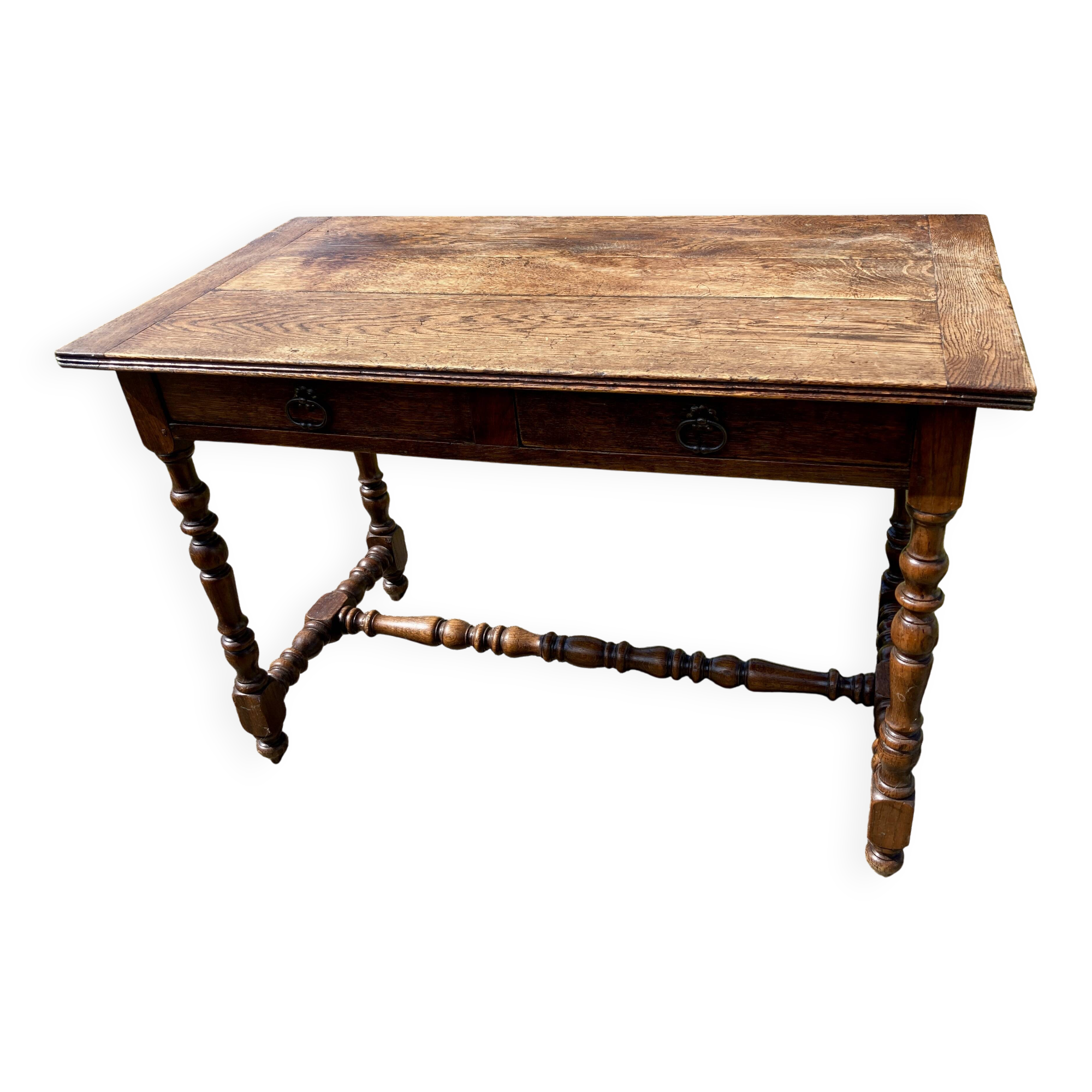 Rustic desk with two drawers with brace and turned legs