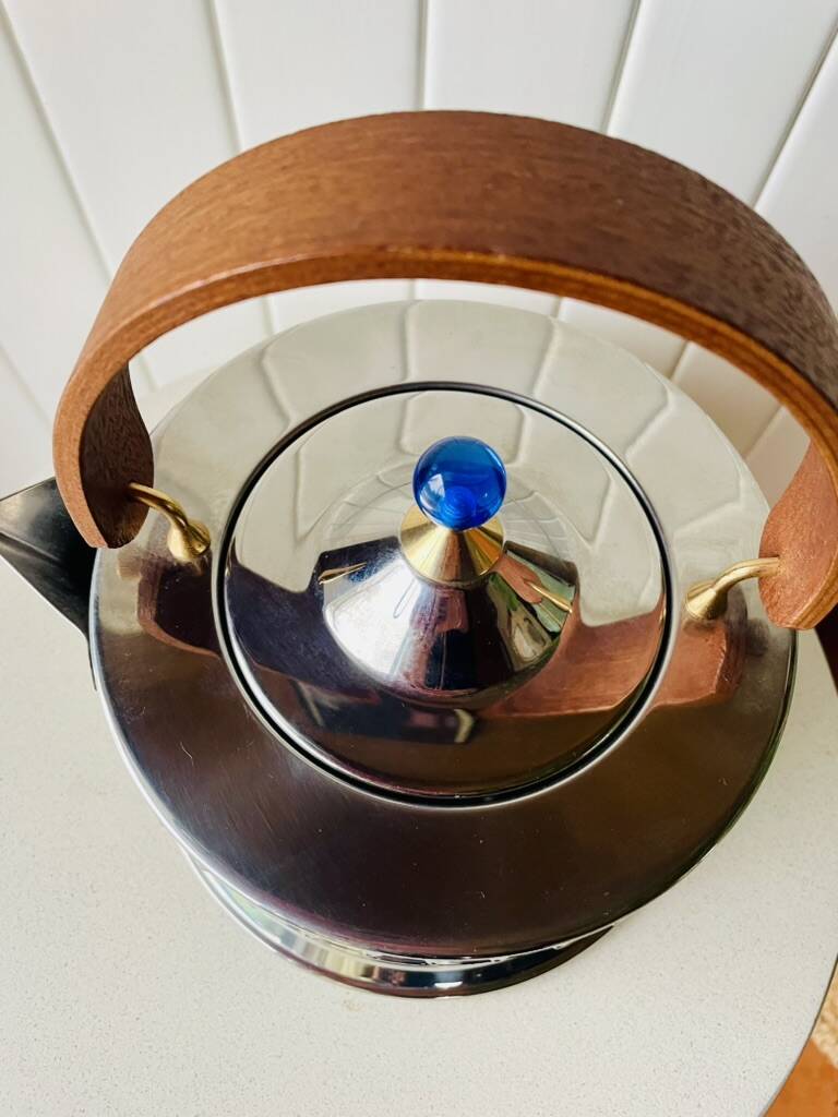 Vintage Bodum Ottoni stainless steel kettle designed by Carsten Jørgensen 1986, button.