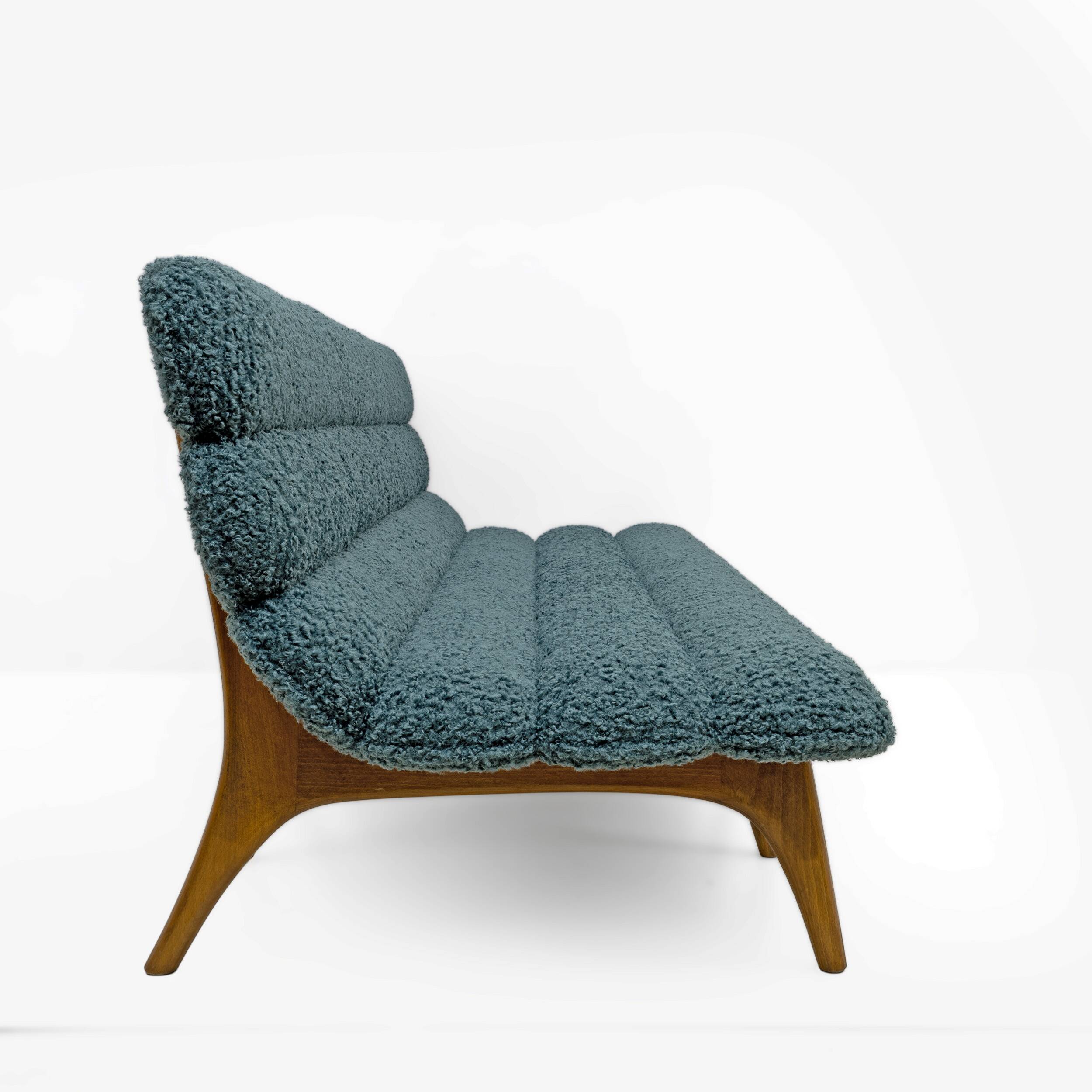 Adrian Pearsall Style Italin Modern Bouclè and Walnut Sofa