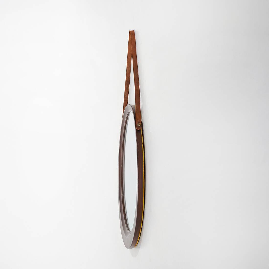 Round wall mirror with leather strap, 1960s