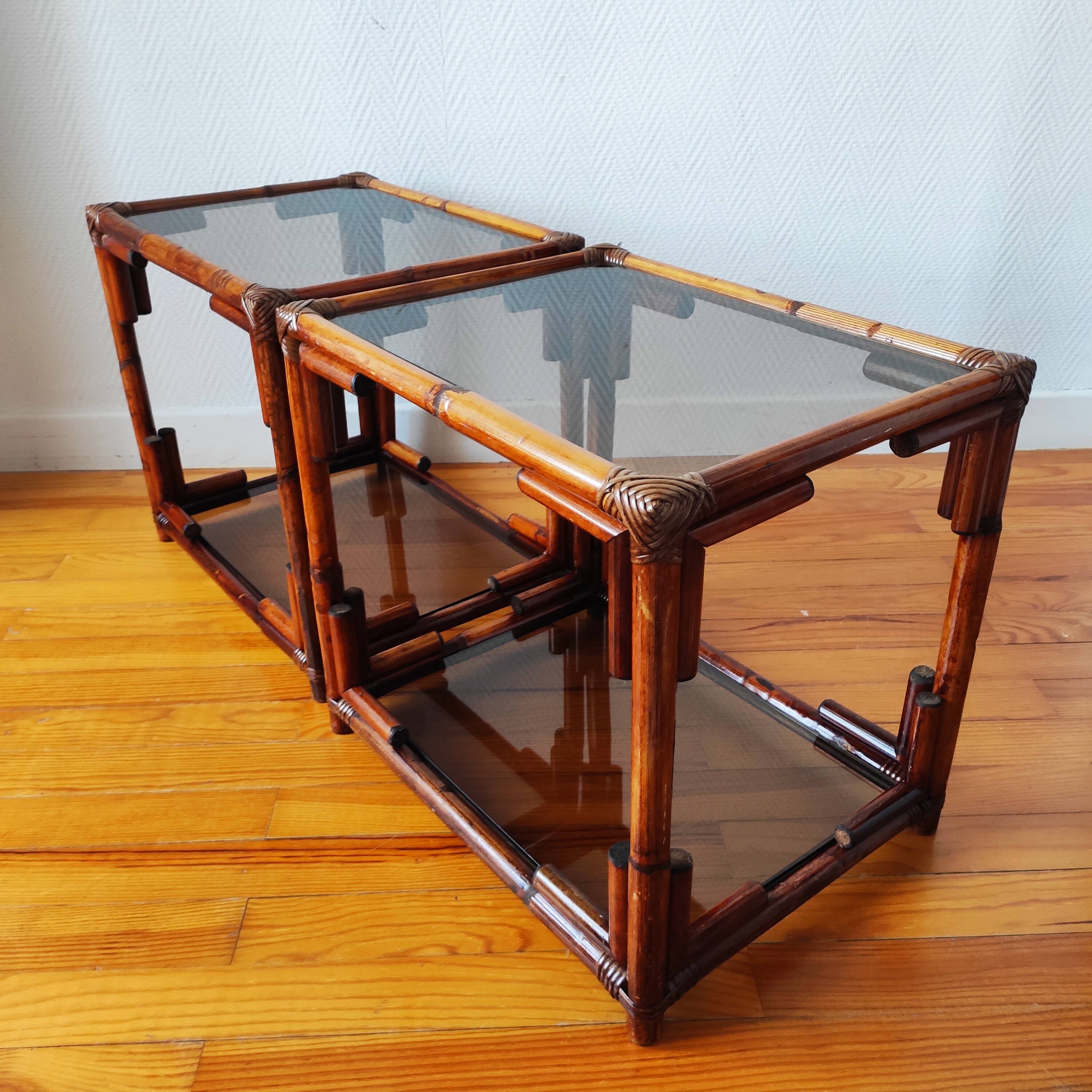 Pair of bedside tables - rattan smoked glass side tables vintage 70s-80s