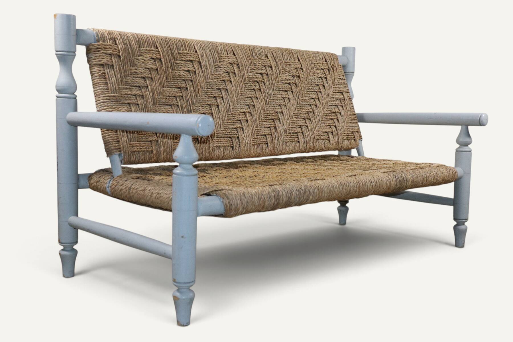 Vintage bench in braided rope and painted wood, 1950s-60s.