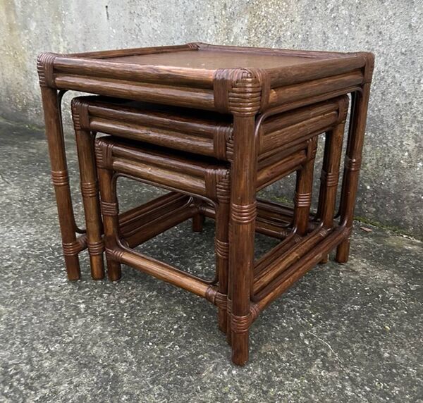 Ensemble de 3 tables gigogne, bambou, vintage, années 80