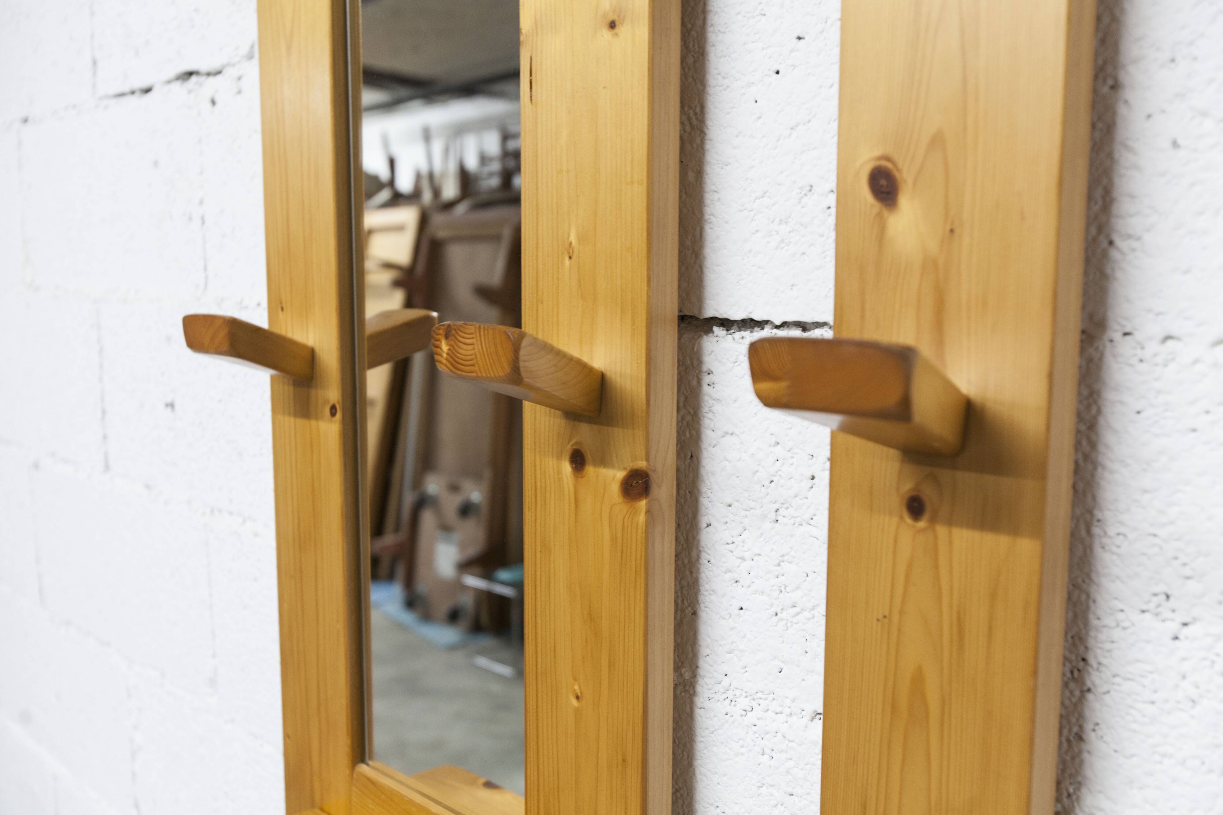 Wall-mounted coat rack, mountain style, pine, honey colour, 1970.