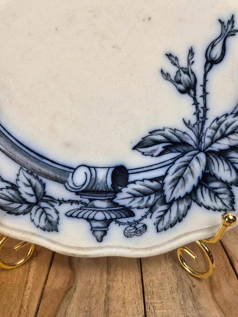 Antique English plate BWM & Co – Rose & Ivy pattern – registered 1868 – blue and black decoration.