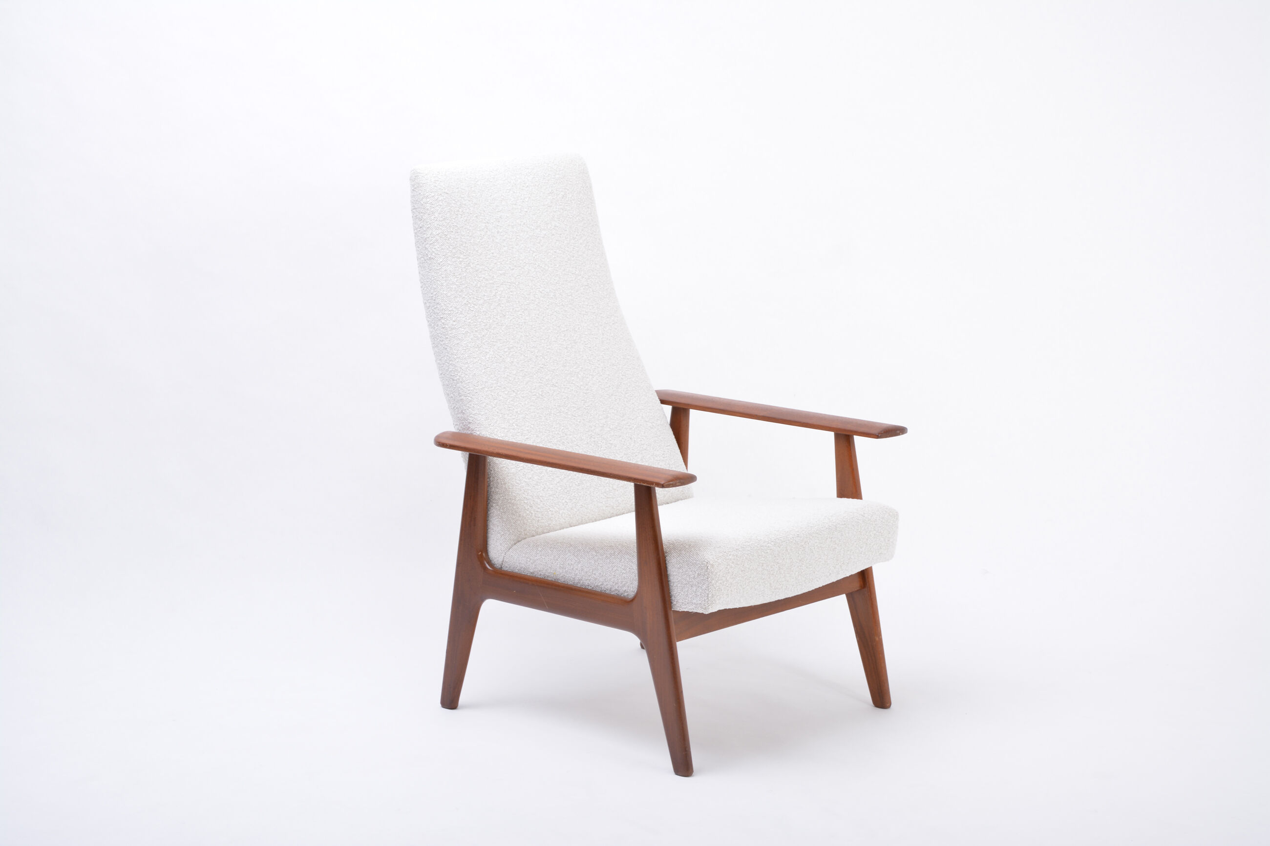 Dutch Mid-Century Modern Teak lounge chair by Topform reupholstered in Bouclé