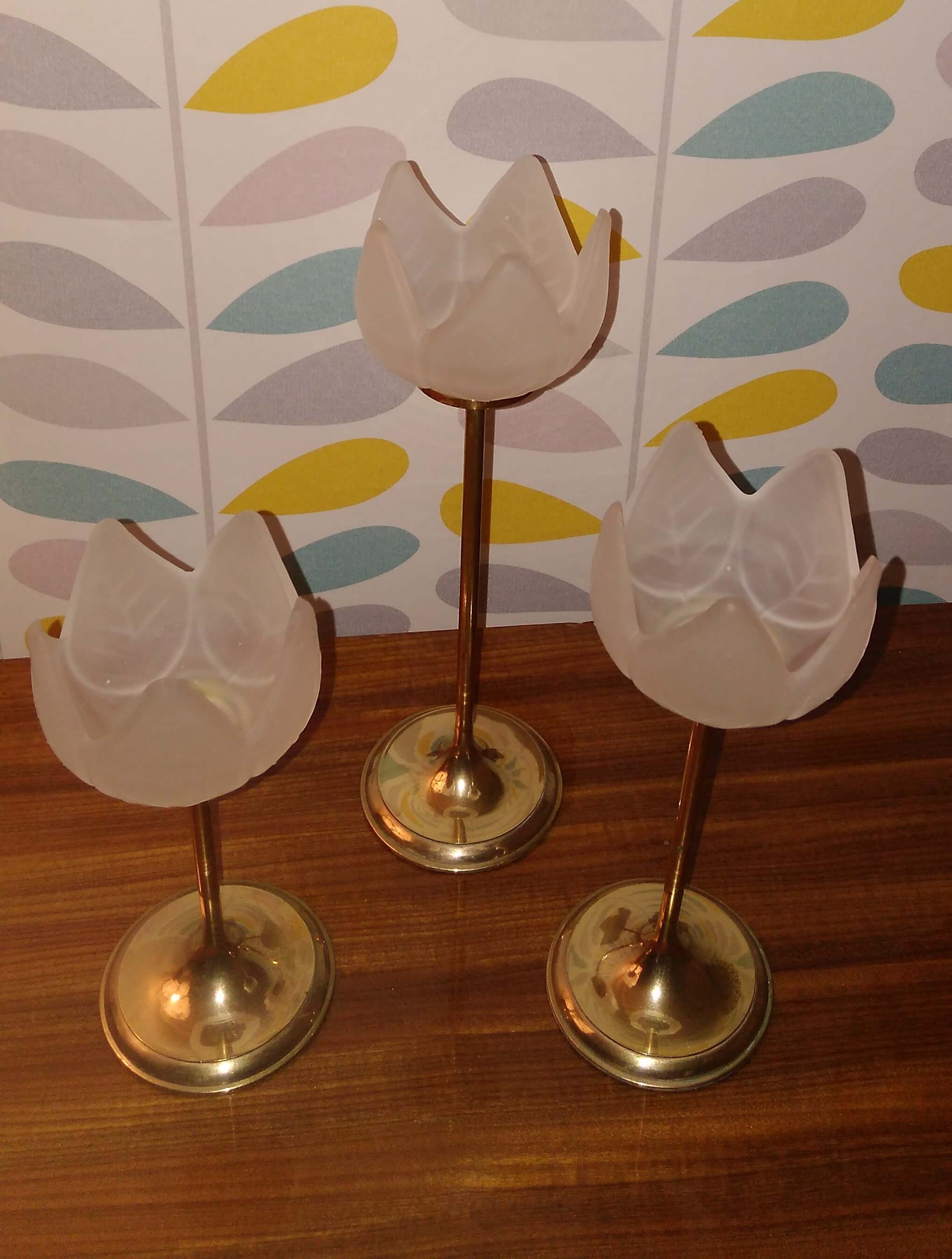 Lot of 3 candlesticks glass paste and brass