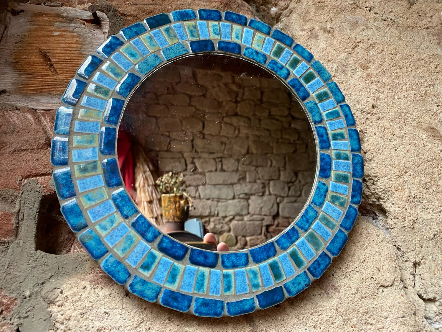 Round ceramic mirror with blue mosaic decor circa 1960