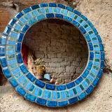 Round ceramic mirror with blue mosaic decor circa 1960