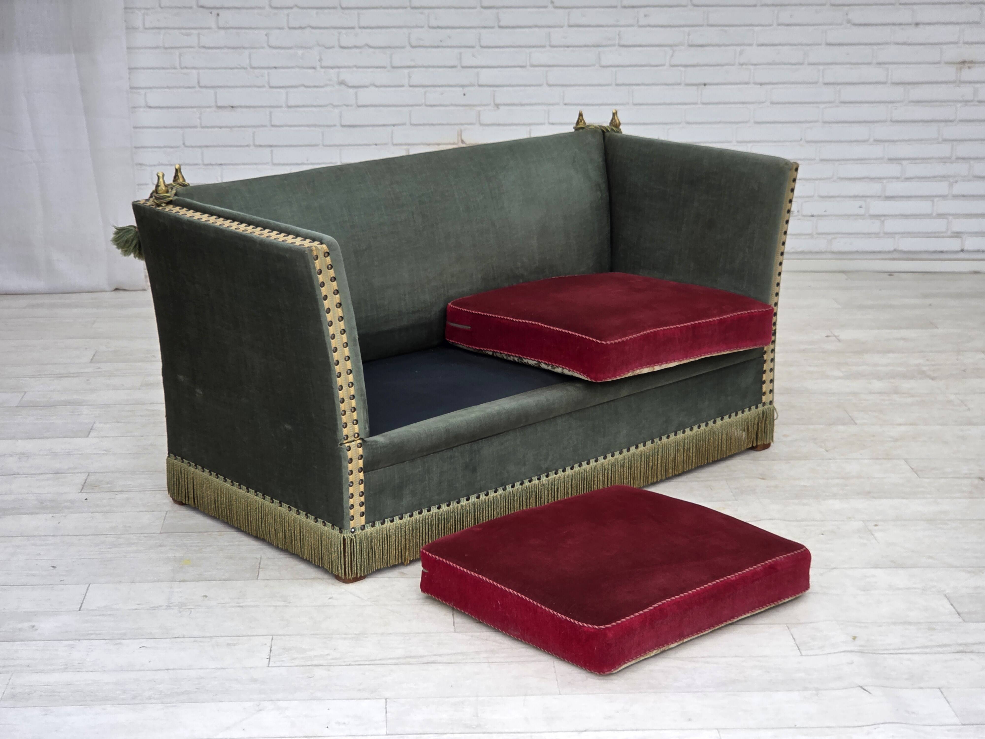 1970s, Danish 2-seater drop arm "Spanish" sofa, green and red velour.